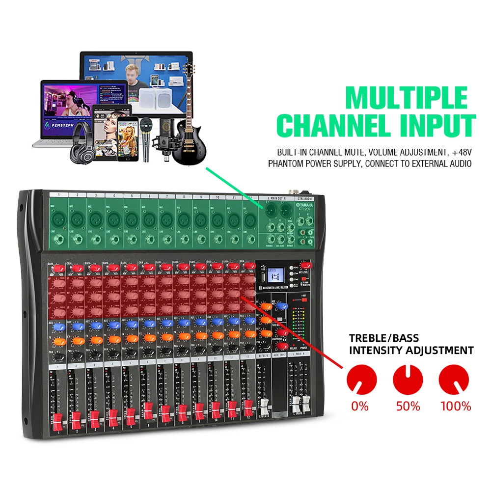 CT120S Pengaduk Audio Profesional 12 saluran mixer Efek gema bawaan Mendukung pemutaran Bluetooth/UBB/PC/MP3 Dukungan untuk penggunaan di dalam kendaraan Peralatan bernyanyi KTV pertunjukan luar ruangan