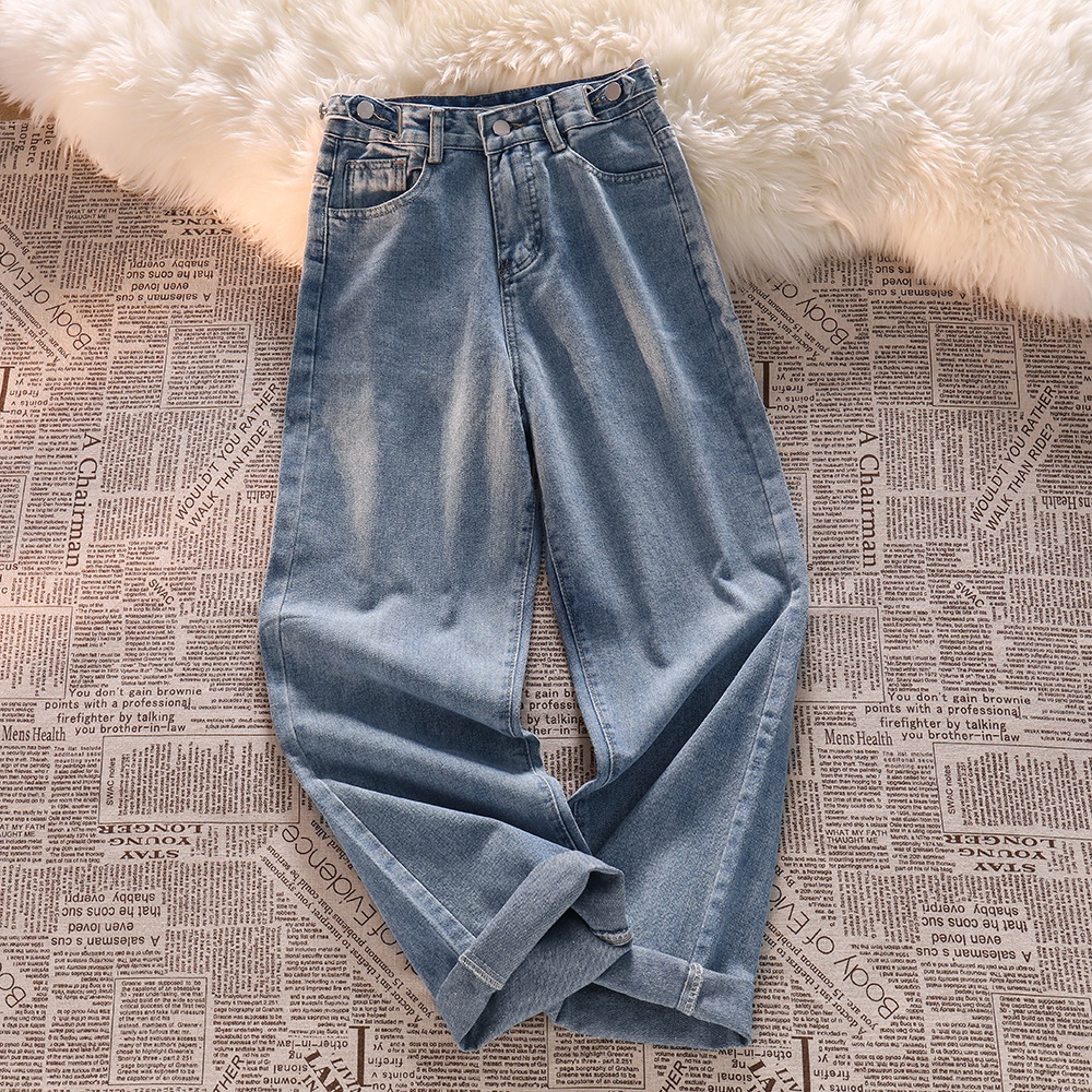 Biru Korea Highwaist Loose Kasual Celana Jeans Panjang Wanita(Pinggang bisa penyesuaian)