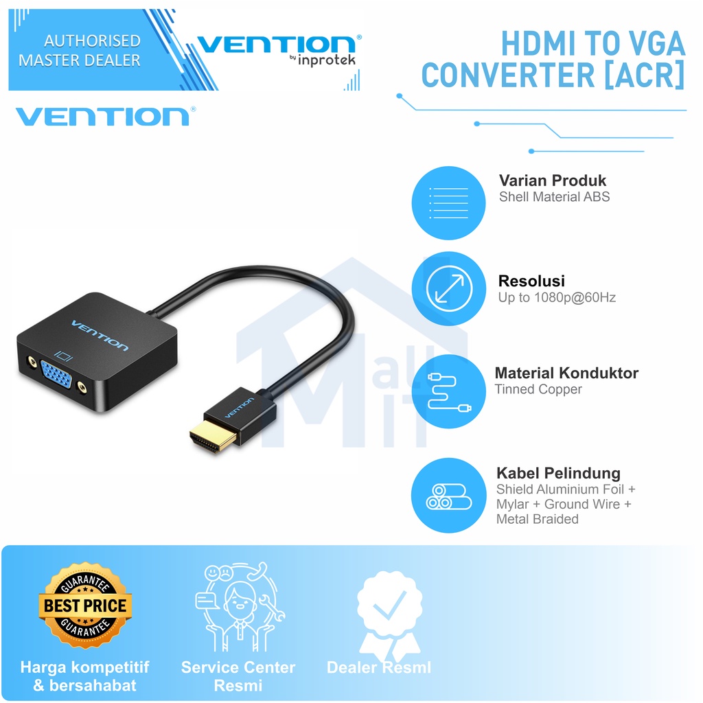 ( Bisa Cod ) Vention ADAPTOR Converter HDMI to VGA 1080p @60Hz FULL HD ACR 42154