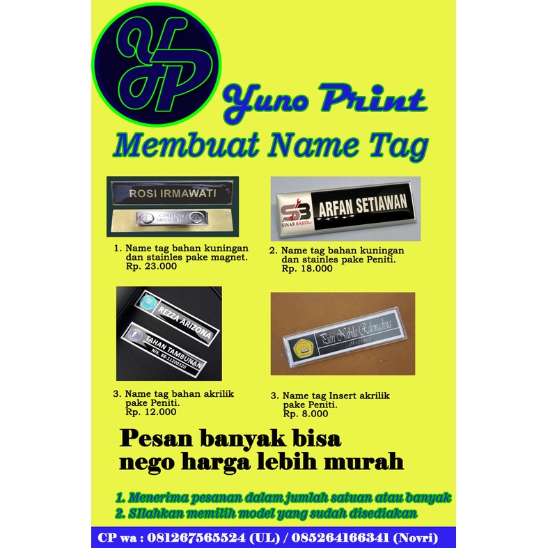 

Name Tag Akrilik, stainles, dan kuningan. papan nama