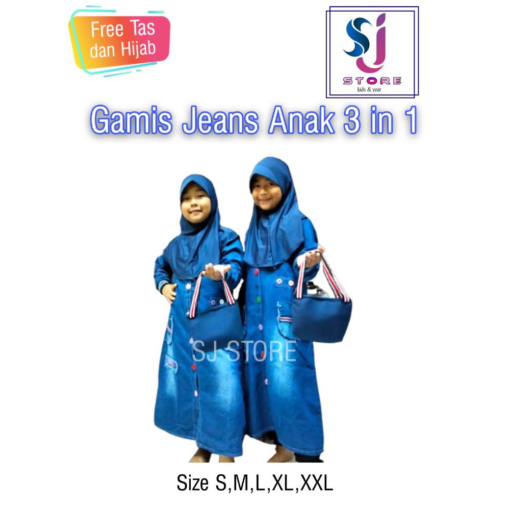 GAMIS ANAK - DRES ANAK JEANS 3IN1 FRE HIJAB + TAS 2 - 12 TAHUN TERBARU