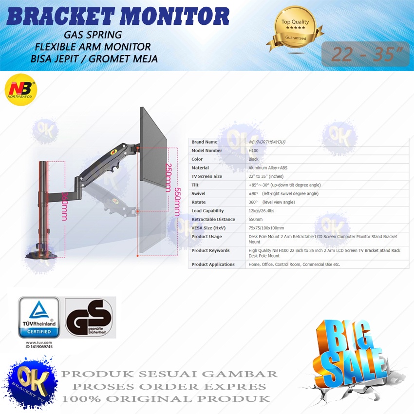 BRACKET TV LED MONITOR 22&quot;-35&quot; NORTH BAYOU NB H100 TILT SWIVEL ROTATE