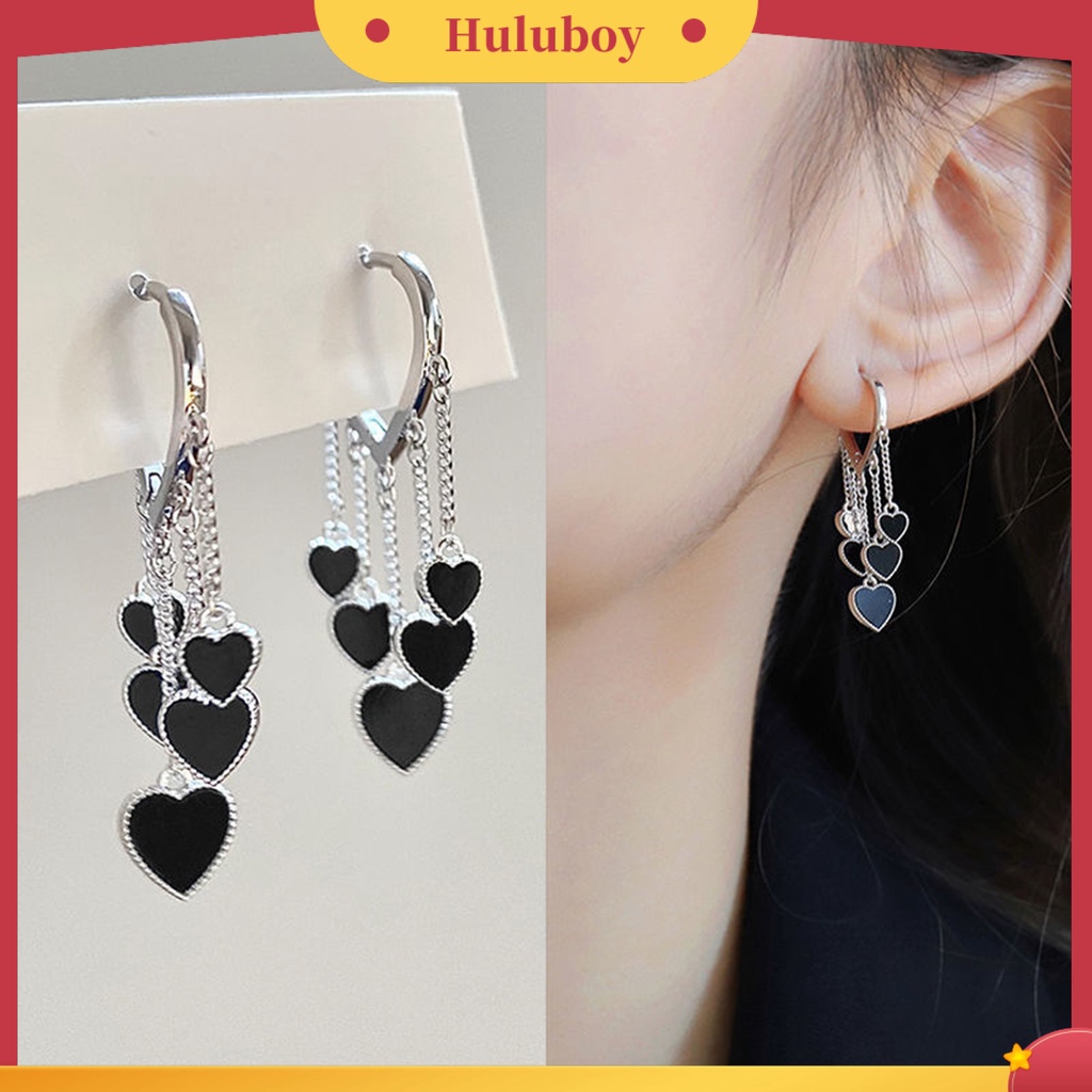 Hu Hu Hu Hu Hu Alat Bantu Pasang Kacamata♡ 1 Pasang Anting Juntai Bentuk Hati Warna Hitam Untuk Wanita