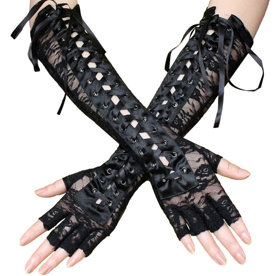 LTX-03 sarung tangan panjang setengah jari renda ikat pita long gloves