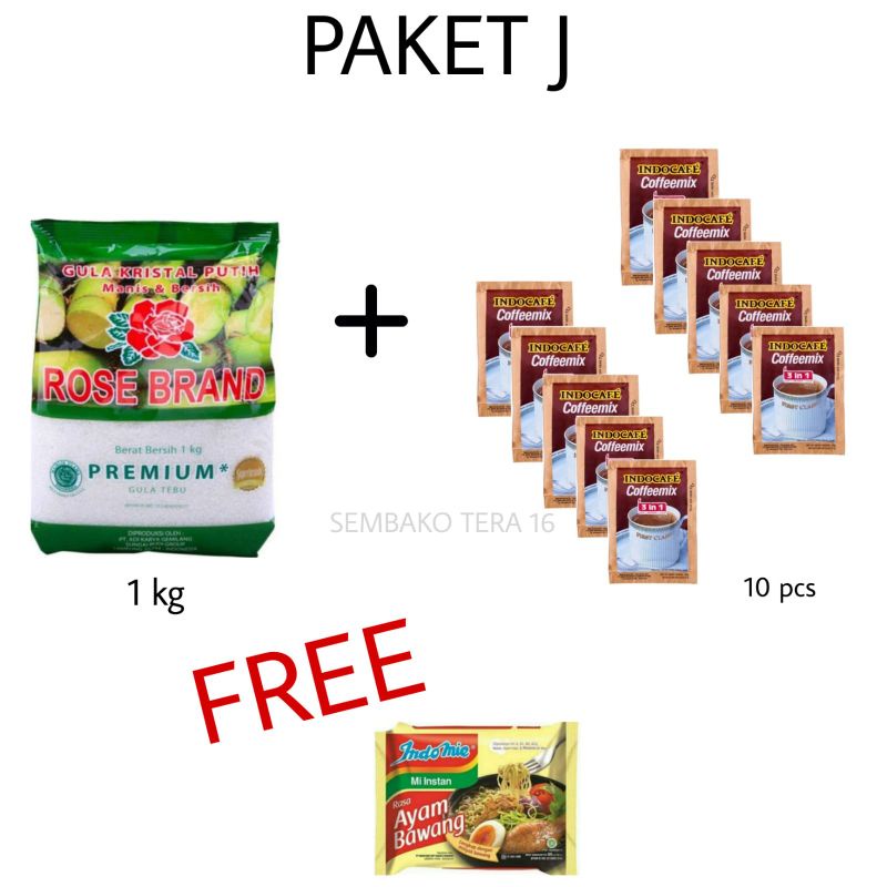 paket J gula 1 kg indocafe renceng gratis indomie