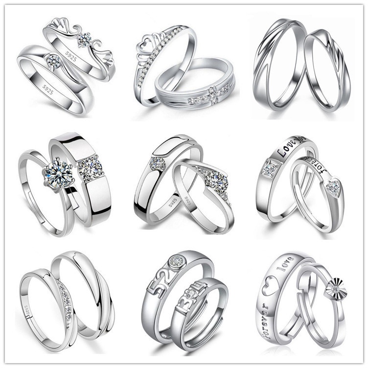 925 Silver Cincin Pasangan Berlian Mode Wanita Perhiasan Cincin Couple Rings-Won