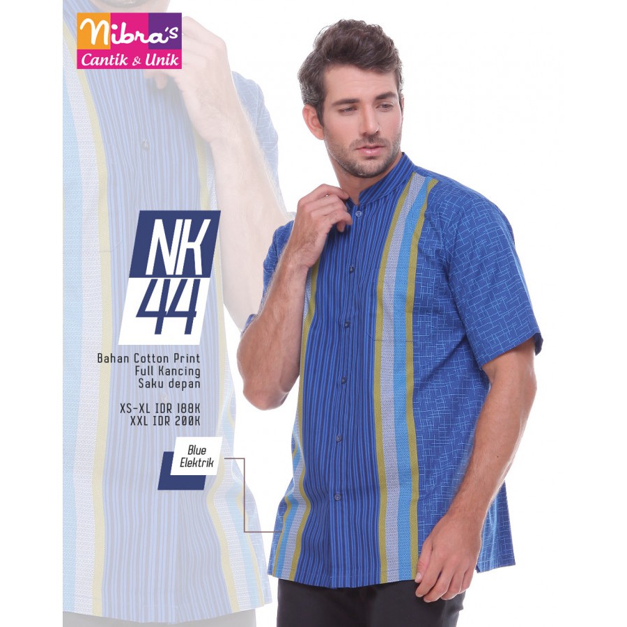 KOKO NIBRAS NK 44 BIRU ELEKTRIK / KOKO LENGAN PENDEK / KOKO BAHAN COTTON PRINT / KOKO FULL KANCING