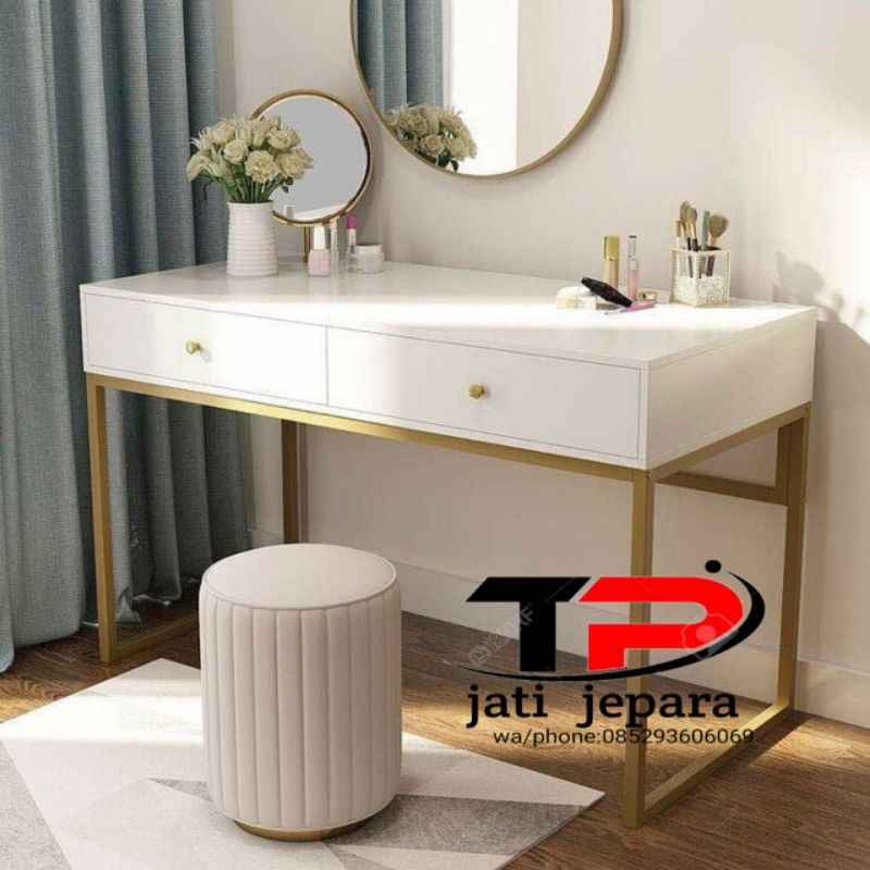 meja rias minimalis dan cermin bulat besar dan kecil