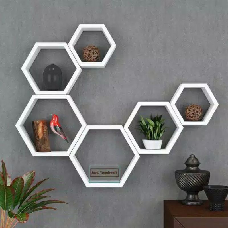 hiasan dinding hexagonal kayu segi enam set 3pcs rak dinding bunga minimalis floating shelves