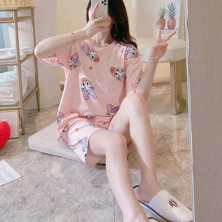 Baju Tidur Wanita Style Korea Import / Setelan Piyama Lengan Pendek, Celana Pendek Motif Kartun Adem Dan Lembut