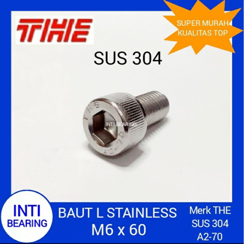 BAUT L STAINLESS M6x60 MERK THE M6 x 60 SS SUS 304 HEX SOCKET HEAD CAP SCREW KUNCI L 5 L5 PITCH 1,0 