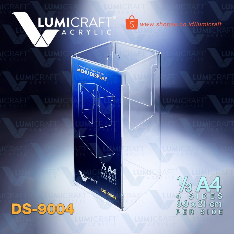 

Menu Display Akrilik Meja / Acrylic Tabletop Stand 4 Sisi isi 1/3 A4 ukuran 9,9 x 21 cm | Lumicraft DS-9004