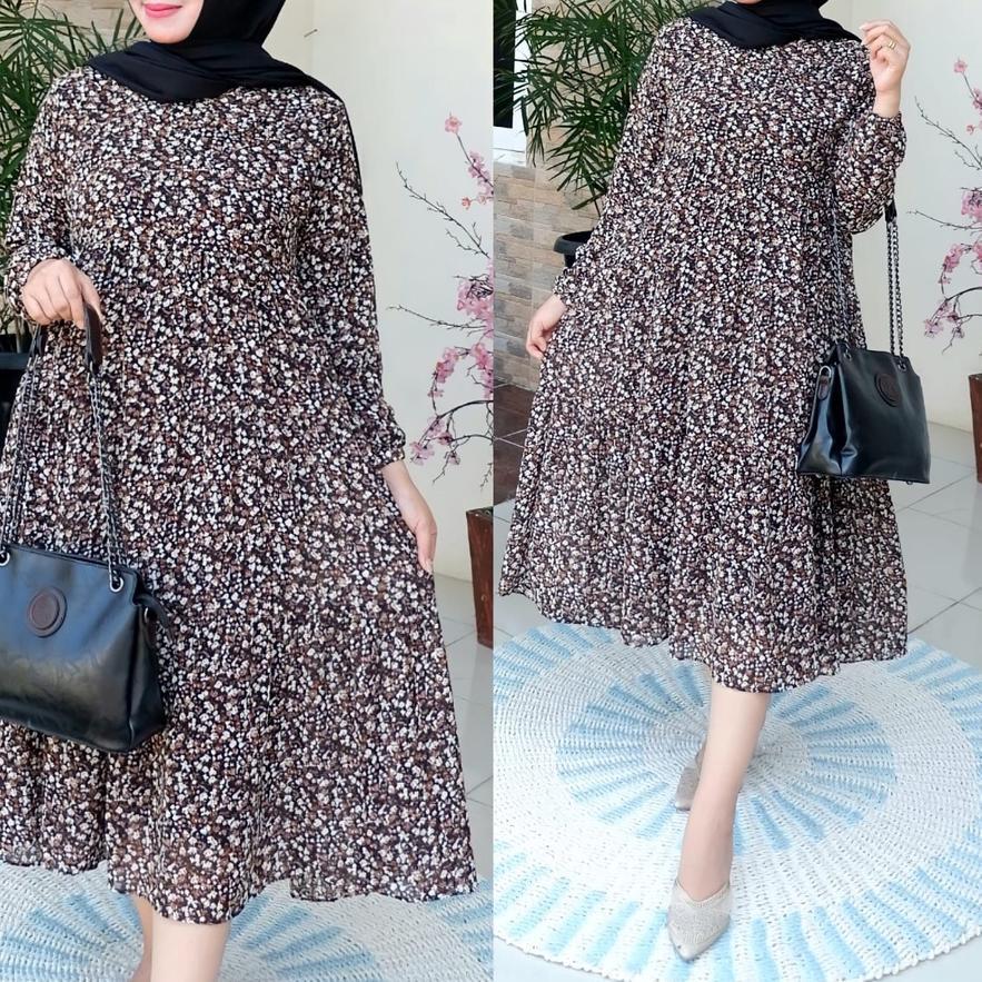 Model baru - BISA    MIDI DRESS BAHAN CERUTY BABY DOLL MOTIF BUNGA  , MIDI DRESS KECE , DRESS KEKINI