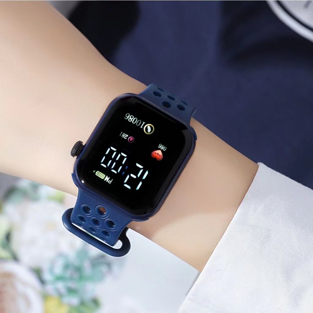 [ COD ] Jam Tangan Digital LED Wanita Dan Pria Strap Rubber Dial Kotak Tampilan Layar Besar-58-7 Biru Tua