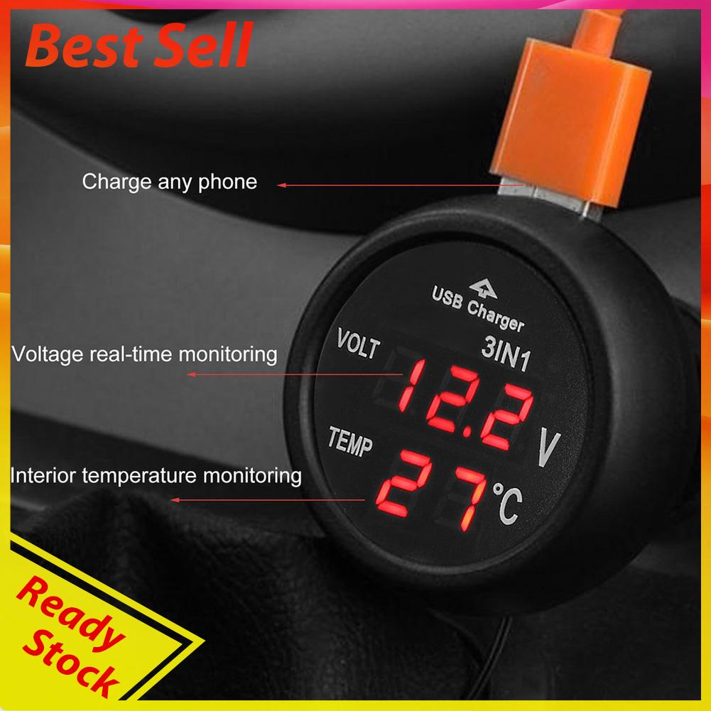 3 in 1 Voltmeter Digital LED 12 / 24V + Termometer + Charger USB