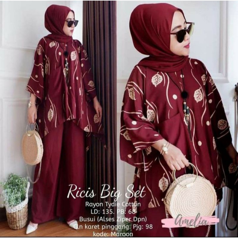 Ricis Big Set - One Set Wanita Rayon Premium Setelan Rayon Premium Lengan Panjang Set Bigsize LD 135 cm