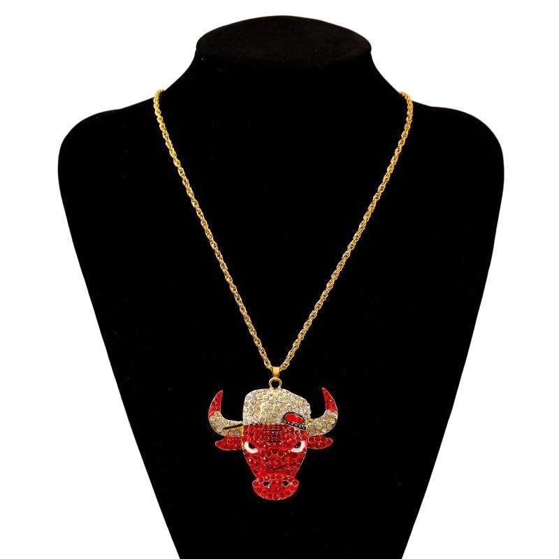 Kalung Rantai Panjang Liontin Banteng Merah Aksen Berlian Imitasi Gaya Hip Hop Untuk Pria / Wanita