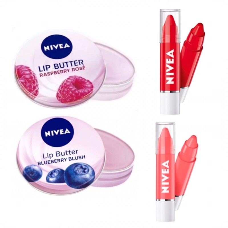 Nivea Lip Butter Raspberry Rose / Blueberry / Lip Crayon Coral / Poppy Red Blush Pelembab Bibir