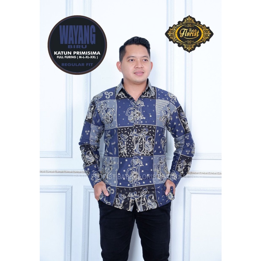 baju batik WAYANG BIRU pria lengan panjang modern BAJU PREMIUM KEKINIAN BATIK SOLO MURAH SOGAN