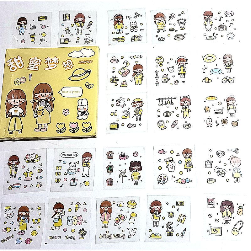 STIKER MOMO STIKER MOTIF KARTUN 100 LEMBAR VARIAN WARNA YELLOW STIKER KOREA WATERPROOF STIKER BOTOL 1BOX ISI 100 LEMBAR