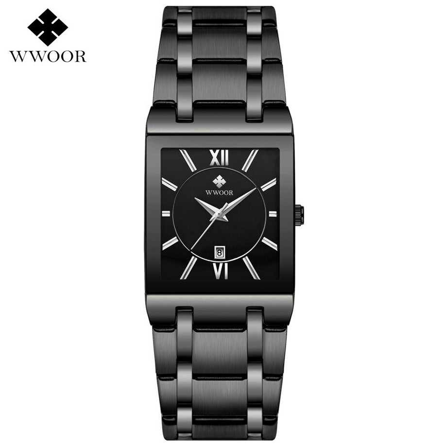 Jam Tangan Formal Wwoor 8858 Full Black Dial Petak Petak Persegi Klasik Dan Elegan Tahan Air Ori