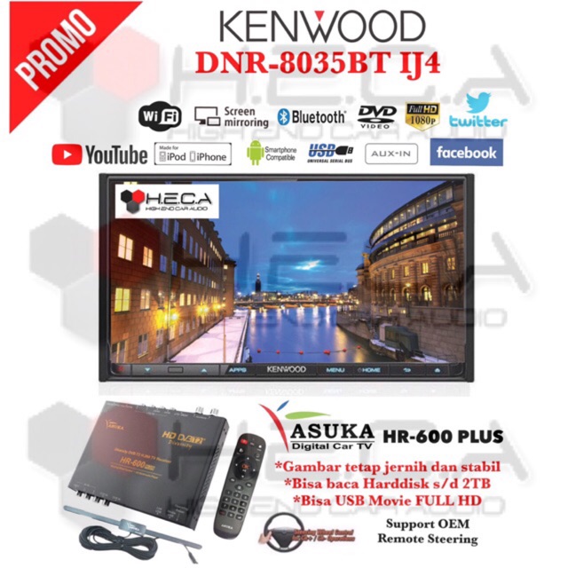 PAKET Kenwood DNR-8035BT Head Unit DNR 8035BT Double Din Tape Mobil & ASUKA HR-600 TV Tuner Digital
