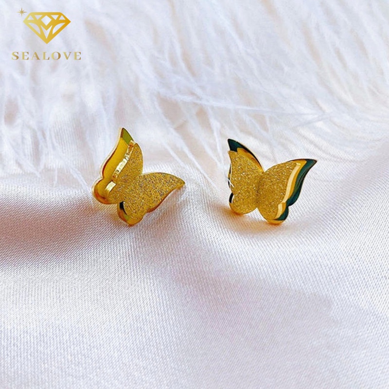 Anting Titanium Wanita Tindik Kupu-kupu Anti Karat Premium Emas 18k Perhiasan Korea