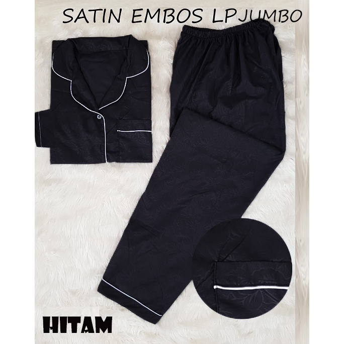 FortKlass Piyama Satin Embos Sleepwear Stelan Baju Tidur Lengan Panjang Celana Panjang-HITAM