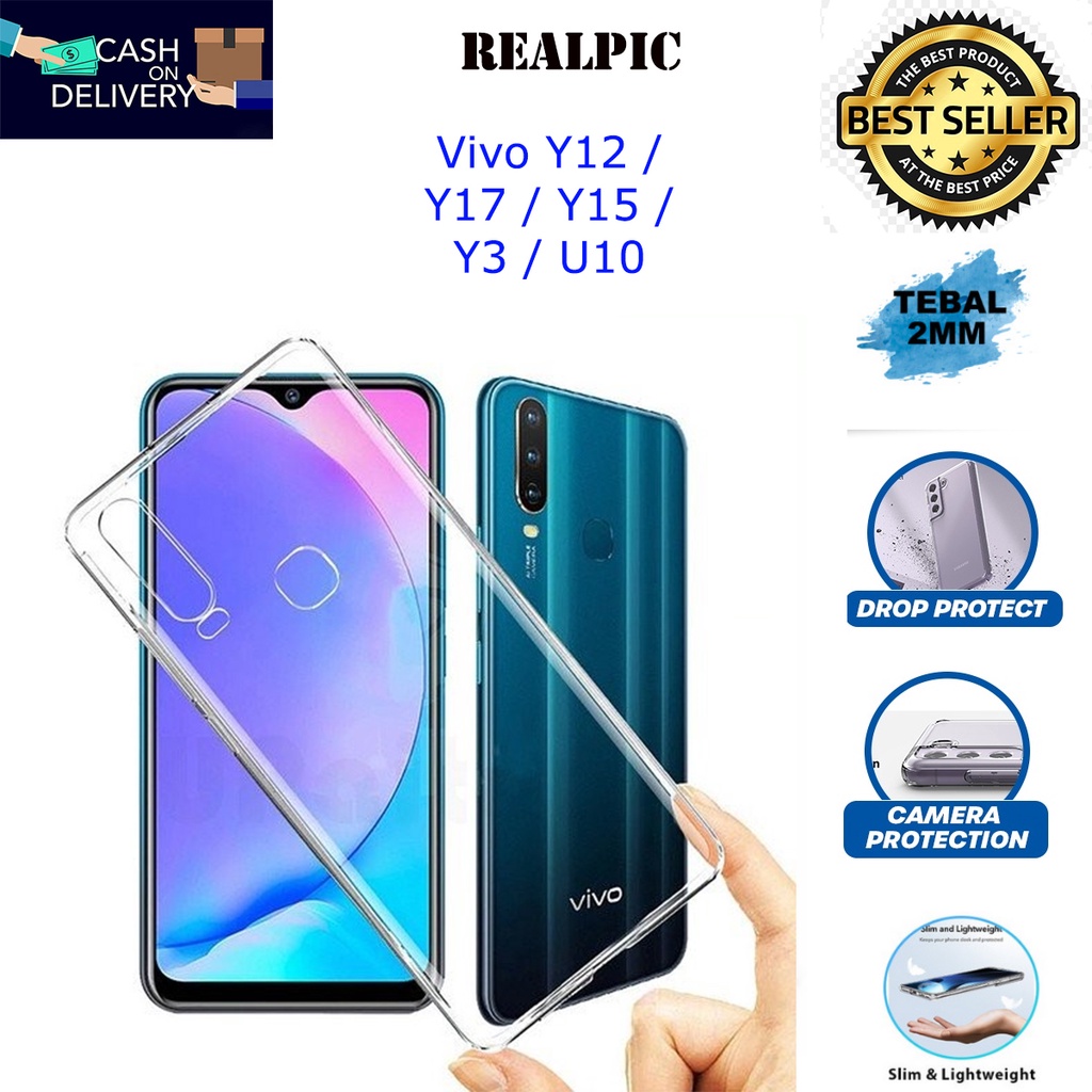 Case Vivo Y12 / Vivo Y15 / Vivo Y17 / Vivo Y3 / Vivo U10 Casing Clear HD KETEBALAN 2MM BENING TRANSPARAN TPU Premium Softcase