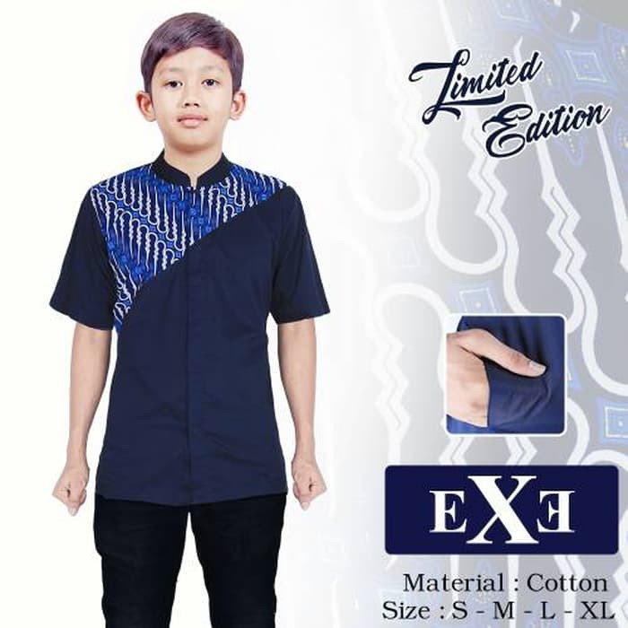 Kemeja / Baju Koko Muslim Anak - Biru Dongker Kombinasi Batik - Navy
