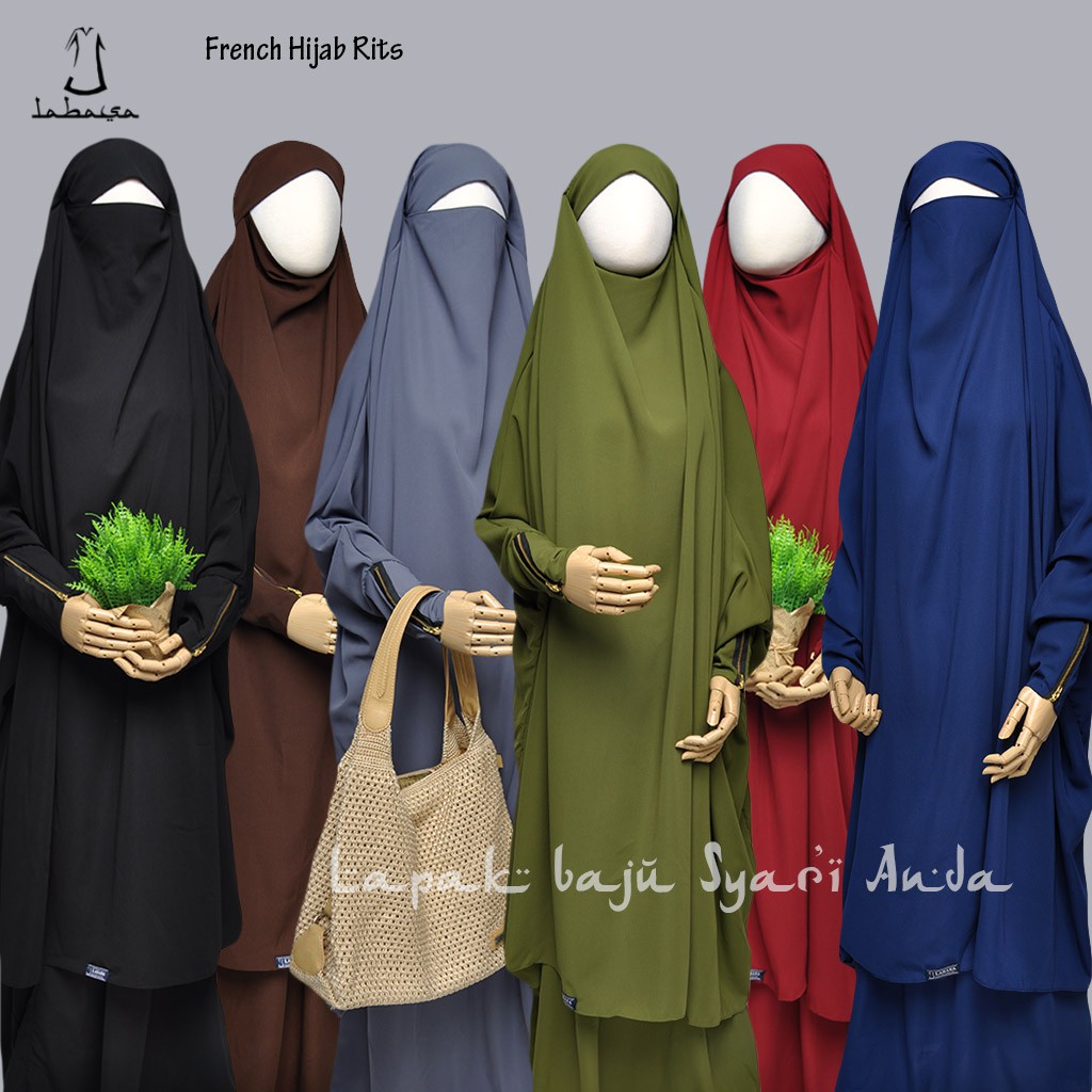 Labasa French Hijab Instan Lengan Resleting Set Rok BONUS Niqob Bandana Bisa COD