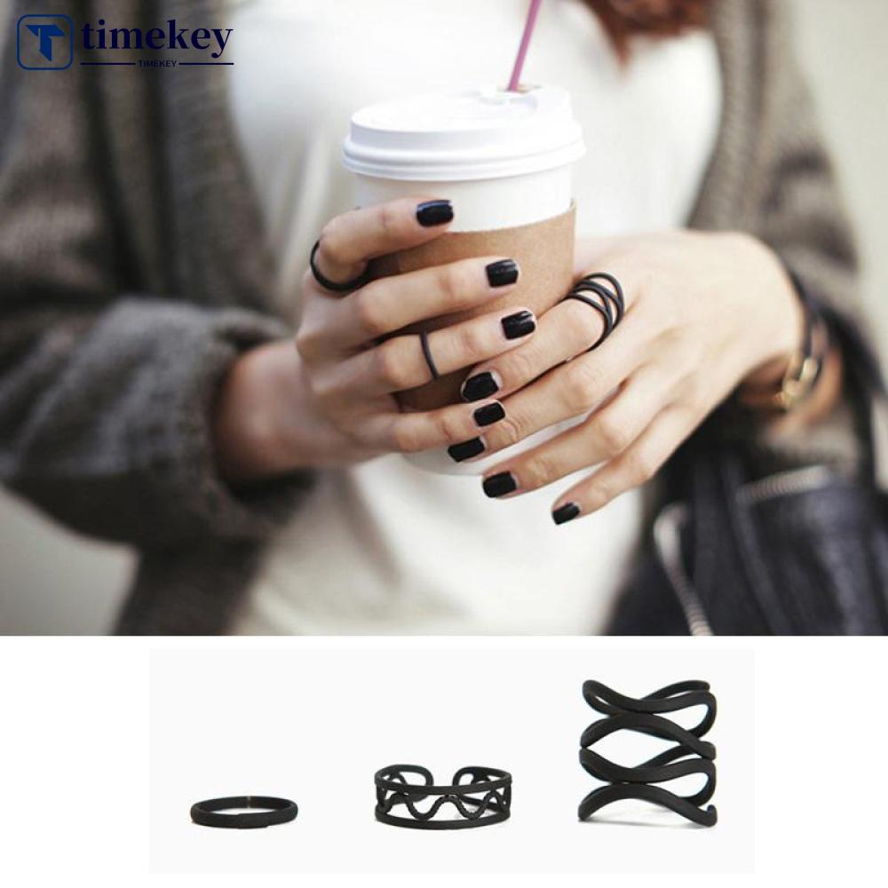 Timekey 3pcsset Cincin Buku Jari Aneka Bentuk Warna Hitam Gaya Punk Untuk Wanita A1K6