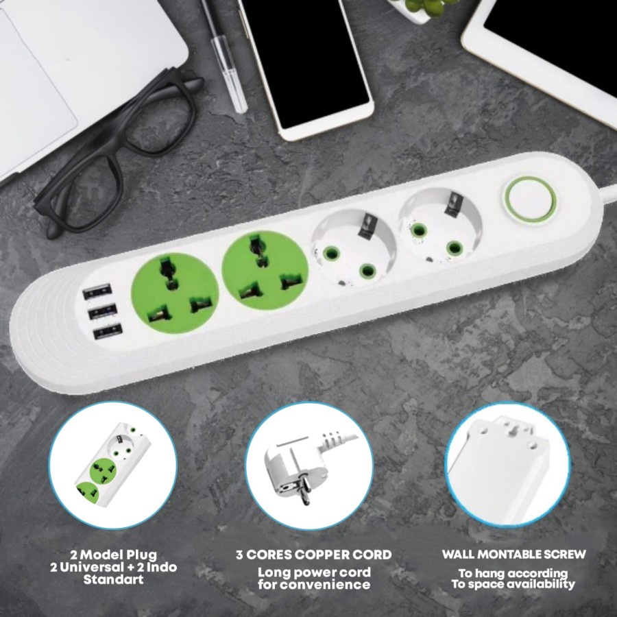 Lucky Hawk F01U 2M Power Strip Stop Kontak 4 Power Socket 3 USB Port