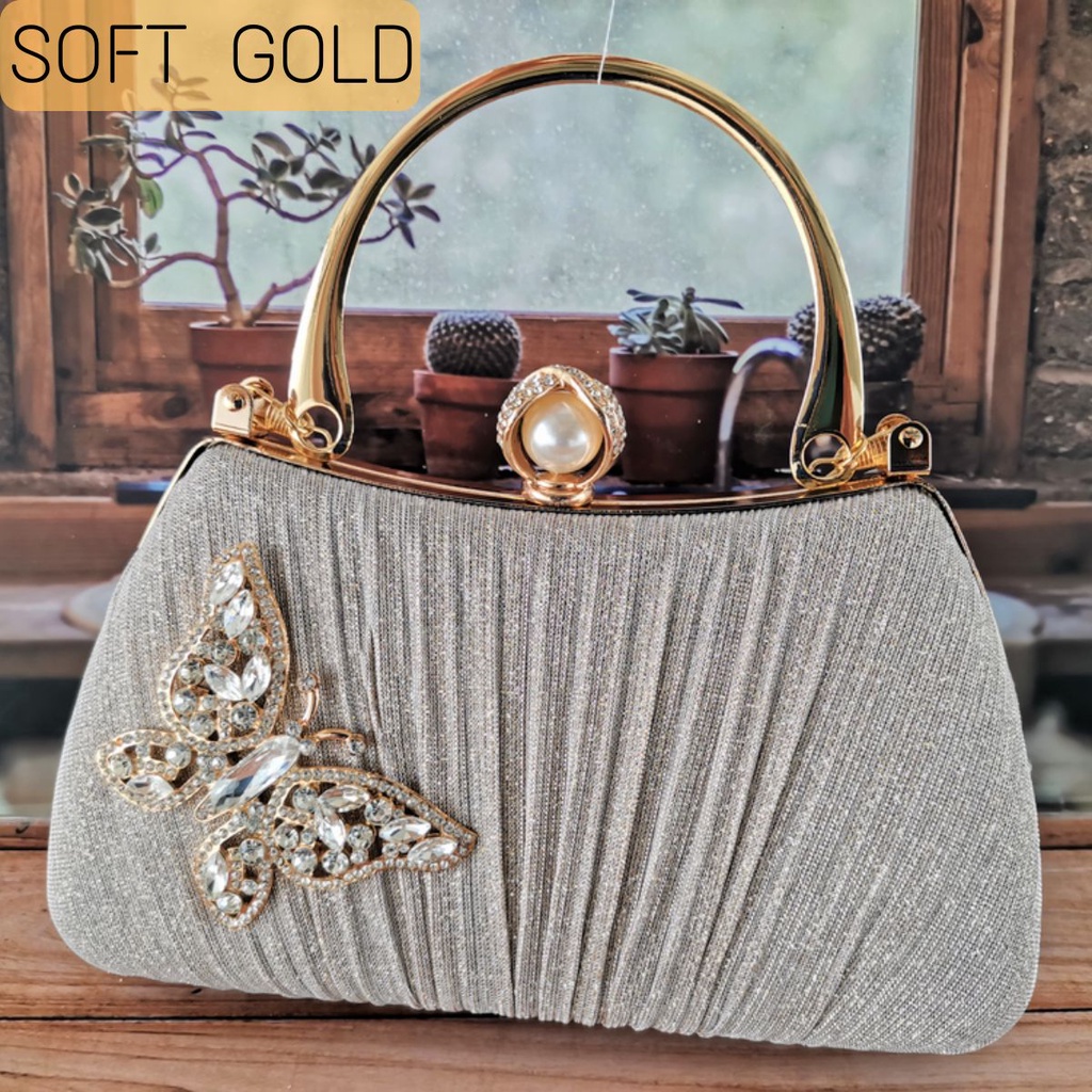 Tas Pesta Import Kondangan Wanita Kristal Glitter Mewah Murah Kupu Kupu Kain Swarovski 7088210-11