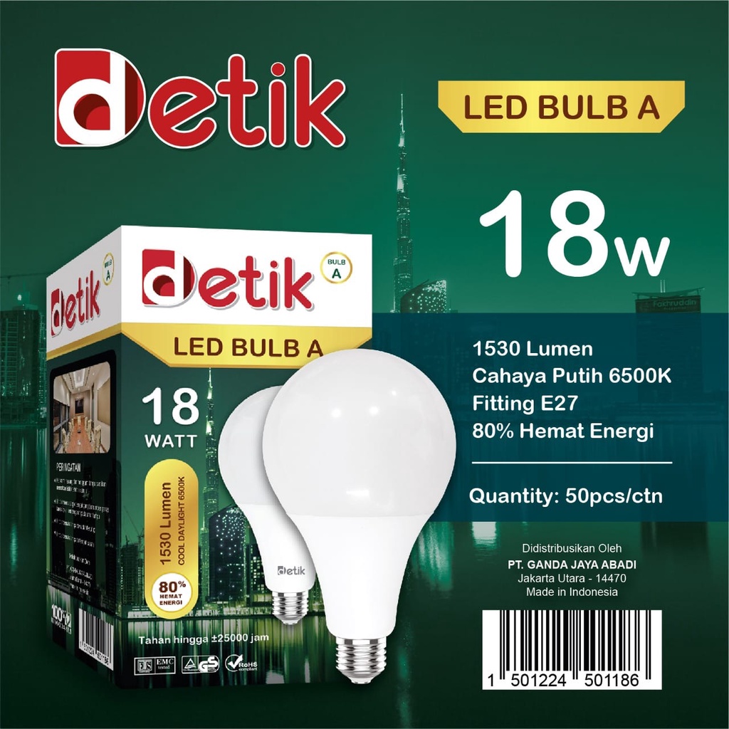 DETIK Lampu LED Bulb 18 Watt - Cahaya Putih (Garansi 1 Tahun)