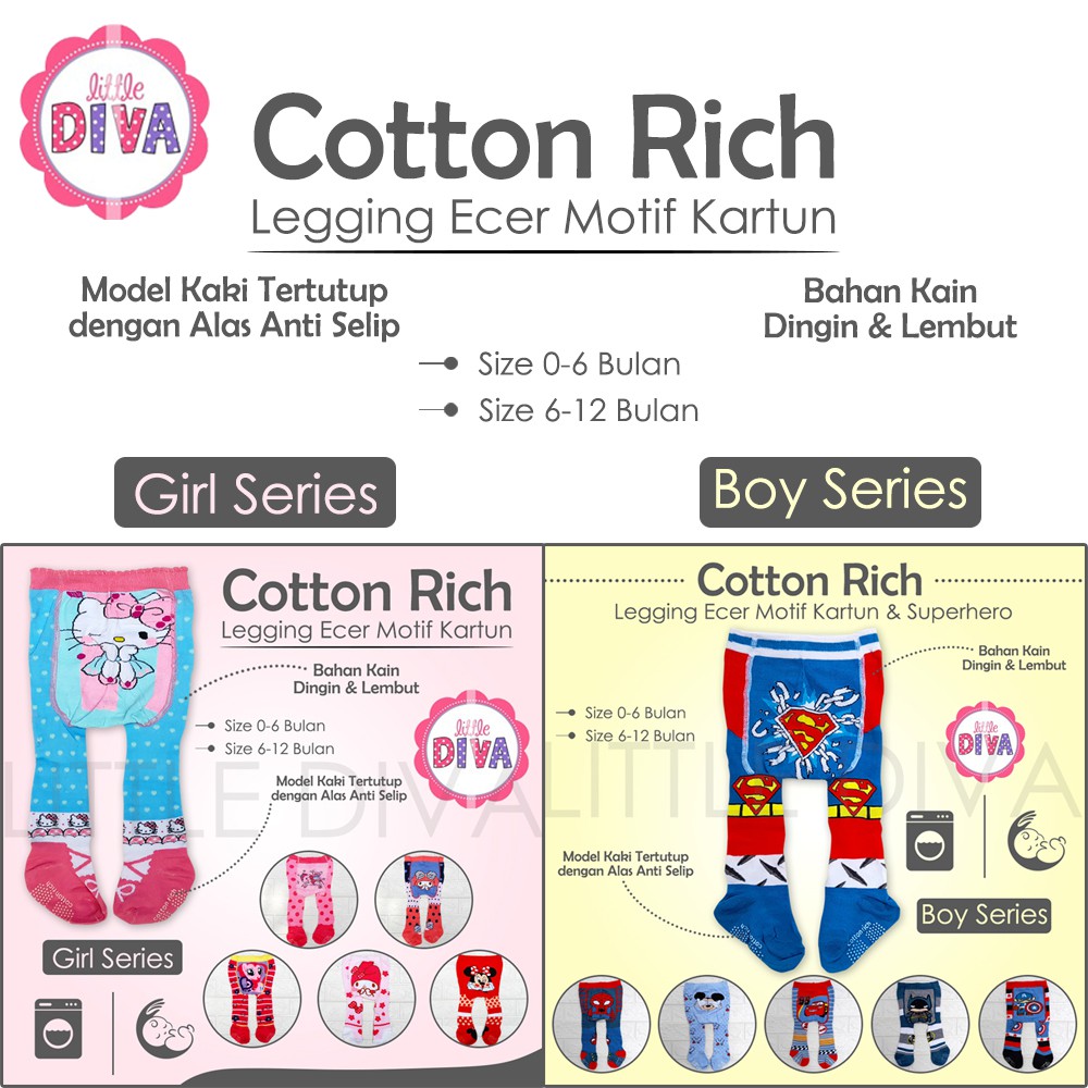 LEGGING BAYI 0-6M - 6-12M Kaki Tertutup ECER Cotton Rich Boy &amp; Girl Motif KARTUN celana panjang leging cowo cewe ada tempat kantong pampers diaper lejing baby