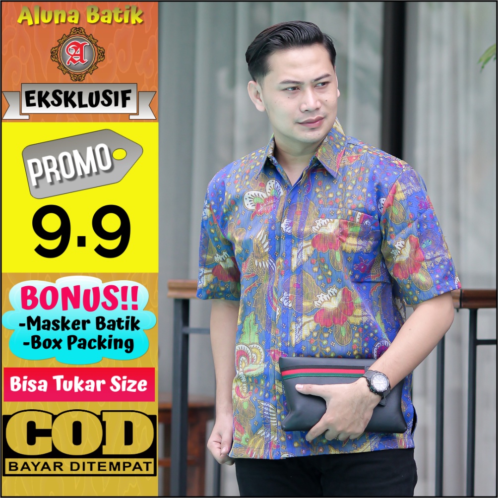 Batik Pria Pendek Tenun Super Premium Eksklusif Kemeja Cowok Batik Aluna FPT 004