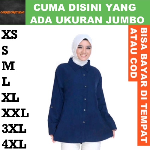 CORATCORETUDIO Kemeja Wanita Jumbo Panjang Polos Kantong Muslim Islami BIRU NAVY DONGKER TUA GELAP