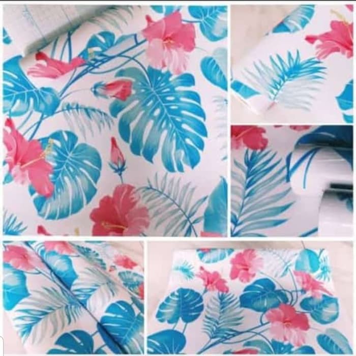 Wallpaper Dinding Motif Daun Keladi Biru Ukuran Panjang 10Meter x Lebar 45CM