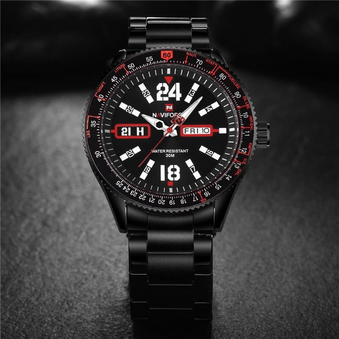 Diskon Jam Tangan Pria Cowok Naviforce NF9102 Original Rantai Black Red Terlaris