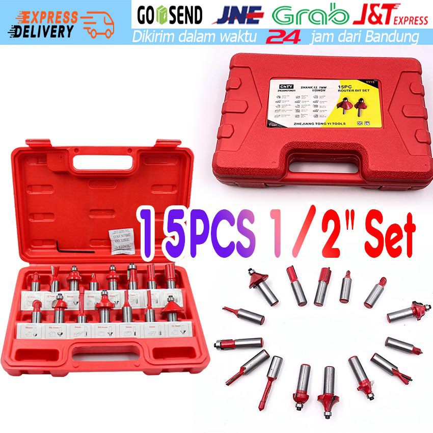 15pc 1/2" Mata Bor Router Kayu Mesin Trimer Mata Profil Drill Alat Milling Mitter Router Bit Set