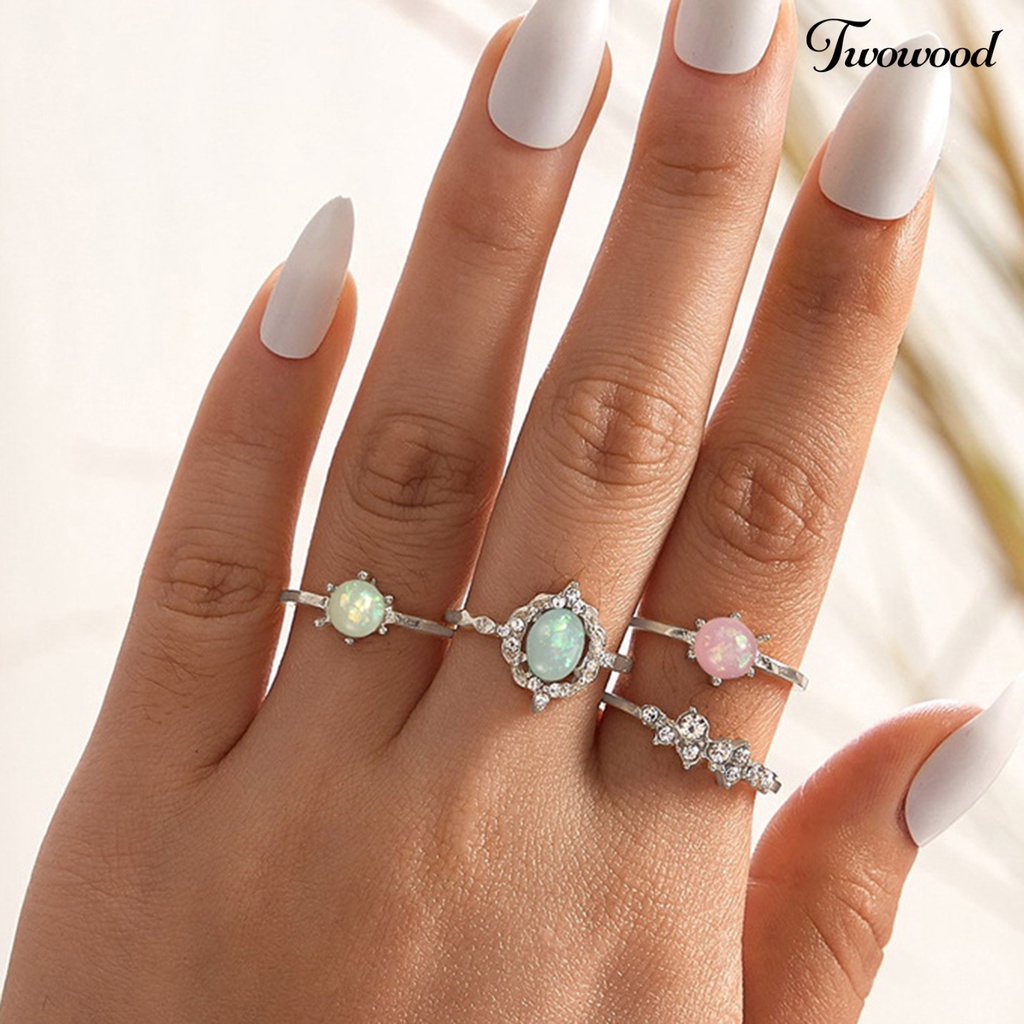 Twowood 4Pcs/Set Faux Gem Geometric Knuckle Rings Alloy Candy Color Stackable Finger Rings Jewelry Accessory