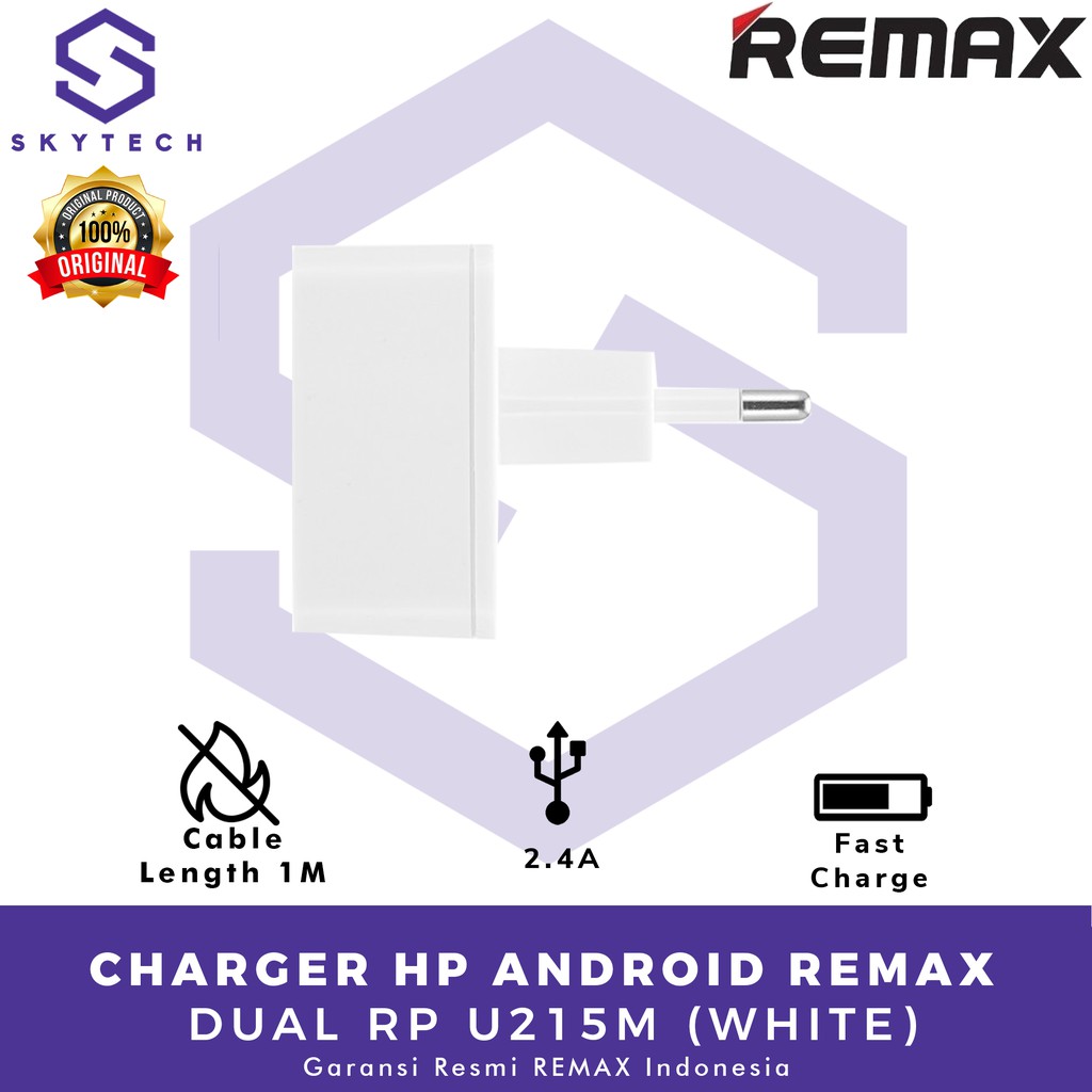 CHARGER HP ANDROID REMAX DUAL WHITE RP U215M ORIGINAL GARANSI RESMI