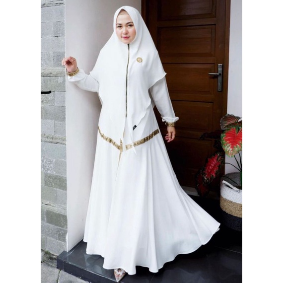 Gamis syari set khimar jawharah putih polos aksen list gold label bordir cantik keren mewah pesta ko