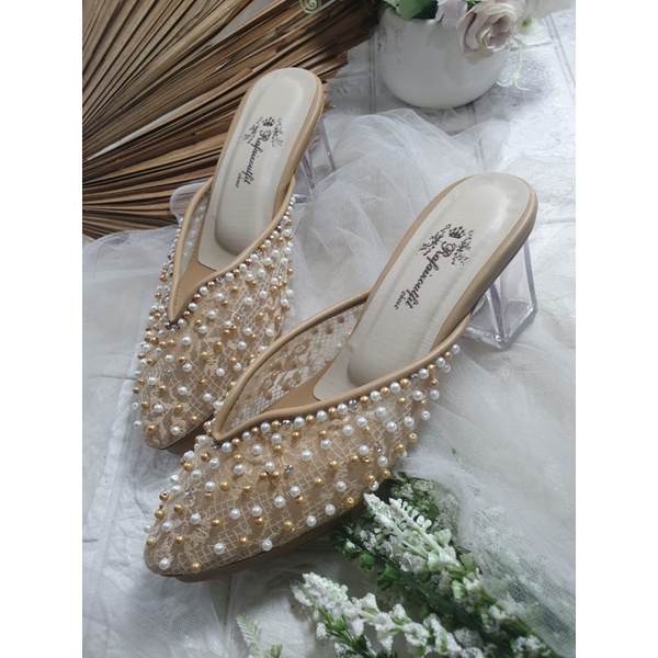 sepatu yasmika Nude brukat cream mate gold 7cm