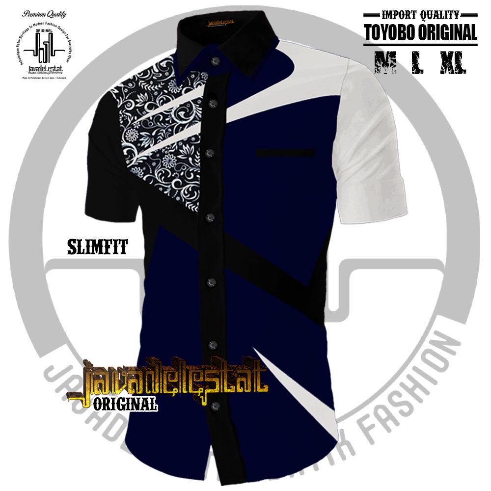 Model Terbaru Kemeja Slimfit Elegant Baju Batik Pria Kombinasi Batik Pekalongan Ori JDL02 Series-Jersey Navy