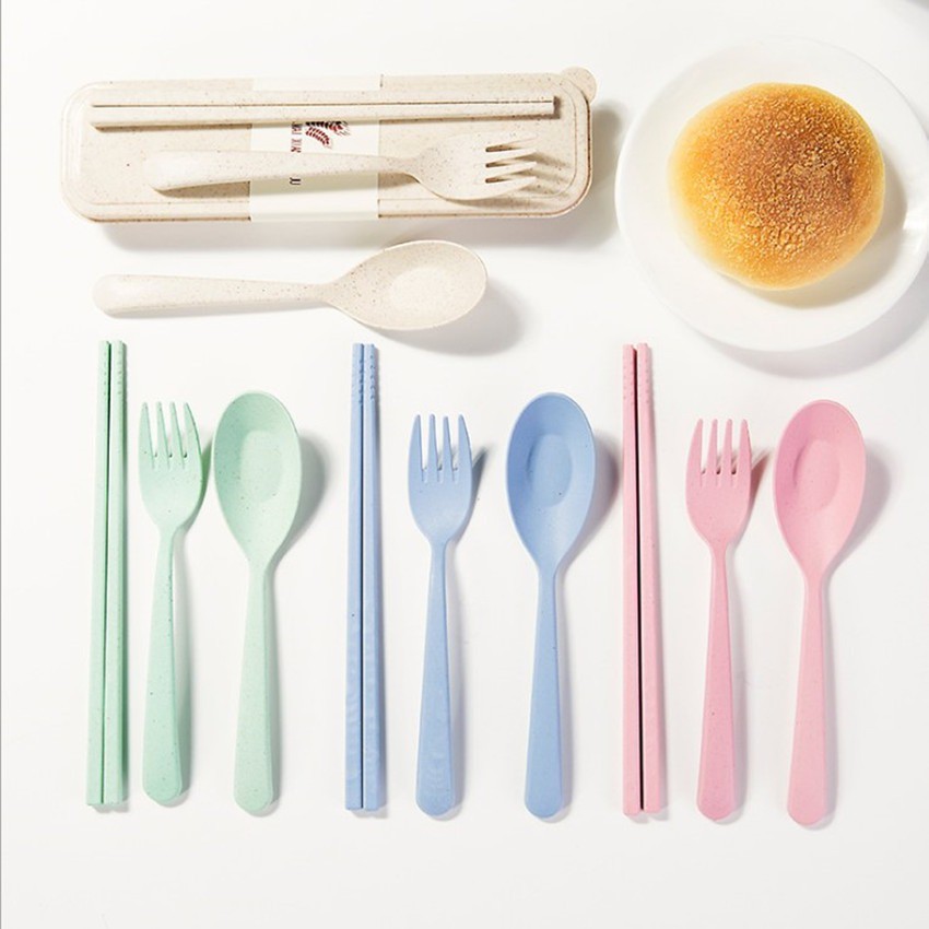 HOVELSHOP Set Sendok Jerami Gandum Garpu Sumpit Travel Set Alat Makan Bahan Wheat Travel Cutlery