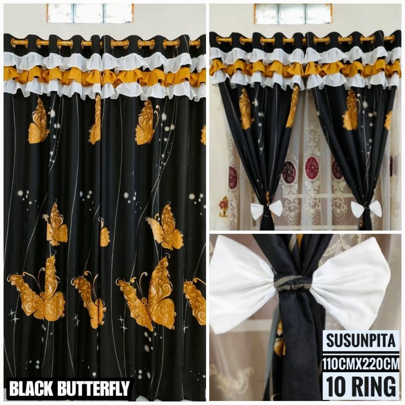 Gorden Jendela dan Pintu Model Susun Pita Rumbai Poni Murah Motif Black Butterfly