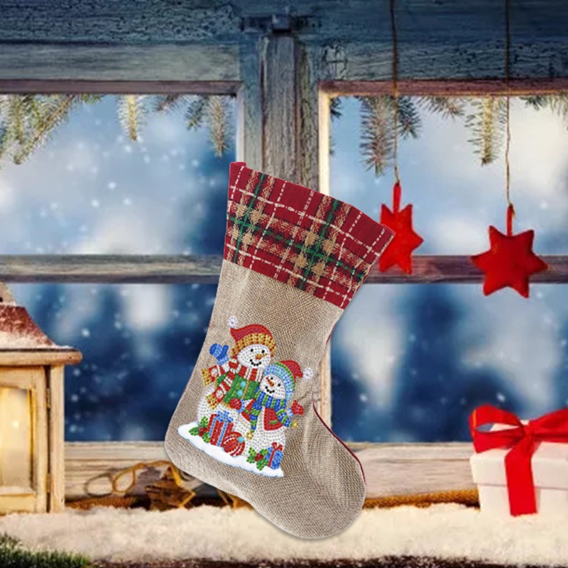 Lukisan Sulaman Berlian 5D Jahitan Bersilang Desain Stocking Snowman Model DIY