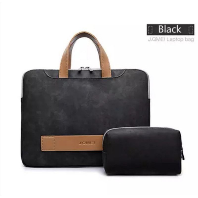 Tas Laptop Wanita JQMEI PU Leather Executive Hand strap 13 14 15 15.6 inch with Free Pouch - Black